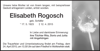 Traueranzeige von Elisabeth Rogosch von Rüsselsheimer Echo, Groß-Gerauer-Echo, Ried Echo