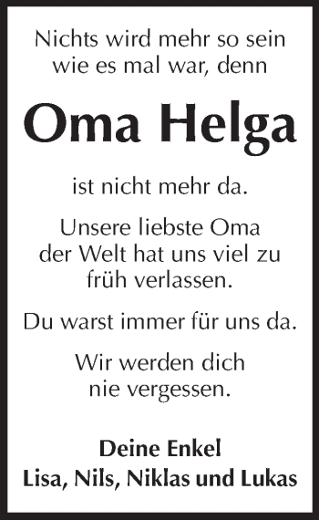 Traueranzeige von Helga Korndörfer von Echo-Zeitungen (Gesamtausgabe)