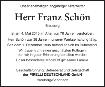 Traueranzeige von Franz Schön  von Odenwälder Echo