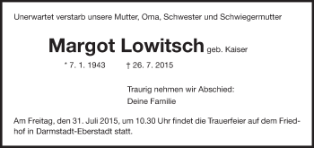 Traueranzeige von Margot Lowitsch von Echo-Zeitungen (Gesamtausgabe)