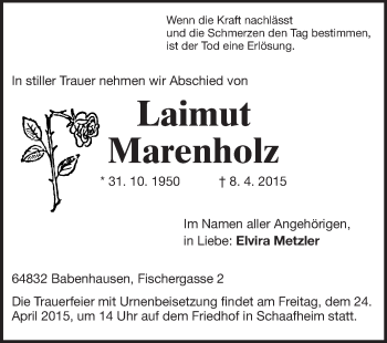 Traueranzeige von Laimut Marenholz von Echo-Zeitungen (Gesamtausgabe)