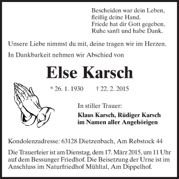 Traueranzeige von Else Karsch von Echo-Zeitungen (Gesamtausgabe)