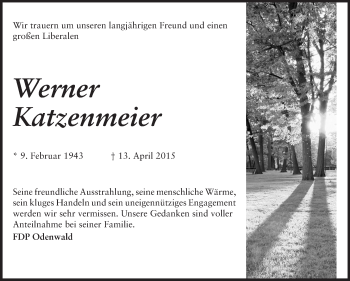 Traueranzeige von Werner Katzenmeier von Odenwälder Echo
