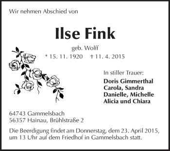 Traueranzeige von Ilse Fink von Odenwälder Echo