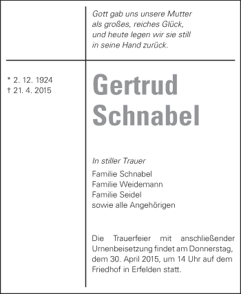 Traueranzeige von Gertrud Schnabel von Rüsselsheimer Echo, Groß-Gerauer-Echo, Ried Echo