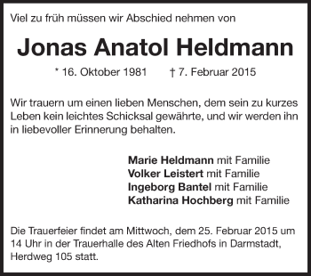 Traueranzeige von Jonas Anatol Heldmann von Echo-Zeitungen (Gesamtausgabe)