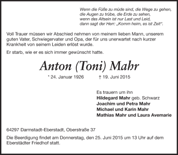 Traueranzeige von Anton Mahr von Echo-Zeitungen (Gesamtausgabe)