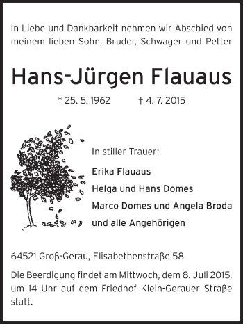 Traueranzeige von Hans-Jürgen Flauaus von Rüsselsheimer Echo, Groß-Gerauer-Echo, Ried Echo