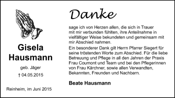 Traueranzeige von Gisela Hausmann von Darmstädter Echo, Odenwälder Echo, Rüsselsheimer Echo, Groß-Gerauer-Echo, Ried Echo