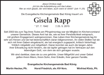 Traueranzeige von Gisela Rapp von Odenwälder Echo