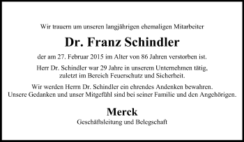 Traueranzeige von Franz Schindler von Echo-Zeitungen (Gesamtausgabe)