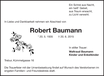 Traueranzeige von Robert Baumann von Rüsselsheimer Echo, Groß-Gerauer-Echo, Ried Echo