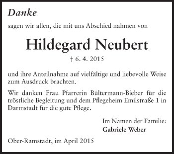 Traueranzeige von Hildegard Neubert von Darmstädter Echo, Odenwälder Echo, Rüsselsheimer Echo, Groß-Gerauer-Echo, Ried Echo
