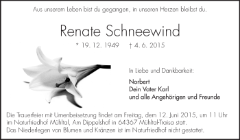 Traueranzeige von Renate Schneewind von Echo-Zeitungen (Gesamtausgabe)