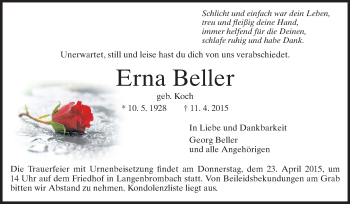 Traueranzeige von Erna Beller von Odenwälder Echo