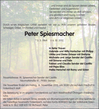 Traueranzeige von Peter Spiesmacher von Darmstädter Echo