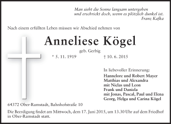 Traueranzeige von Anneliese Kögel von Echo-Zeitungen (Gesamtausgabe)