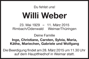 Traueranzeige von Wille Weber von Rüsselsheimer Echo, Groß-Gerauer-Echo, Ried Echo