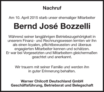 Traueranzeige von Bernd José Bozzelli von Echo-Zeitungen (Gesamtausgabe)