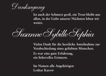 Traueranzeige von Susanne Sybille Sophia Karow von Echo-Zeitungen (Gesamtausgabe)
