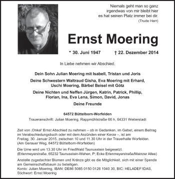 Traueranzeige von Ernst Moering von Rüsselsheimer Echo, Groß-Gerauer-Echo, Ried Echo