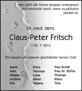 Traueranzeige von Claus-Peter Fritsch von Echo-Zeitungen (Gesamtausgabe)