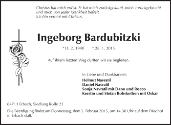 Traueranzeige von Ingeborg Bardubitzki von Odenwälder Echo