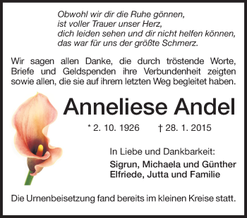 Traueranzeige von Anneliese Andel von Echo-Zeitungen (Gesamtausgabe)