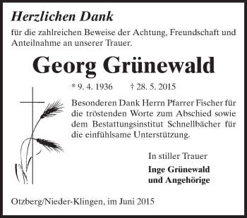 Traueranzeige von Georg Grünewald von Echo-Zeitungen (Gesamtausgabe)
