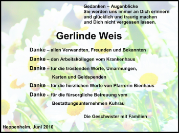 Traueranzeige von Gerlinde Weis von Starkenburger Echo