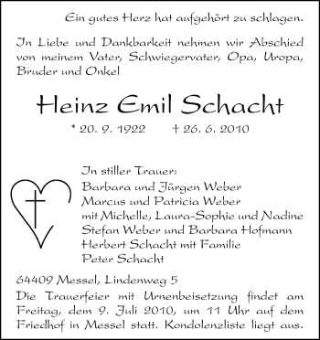 Traueranzeige von Heinz Emil Schacht von Darmstädter Echo, Odenwälder Echo, Rüsselsheimer Echo, Groß-Gerauer-Echo, Ried Echo