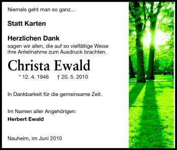 Traueranzeige von Christa Ewald von Darmstädter Echo, Odenwälder Echo, Rüsselsheimer Echo, Groß-Gerauer-Echo, Ried Echo