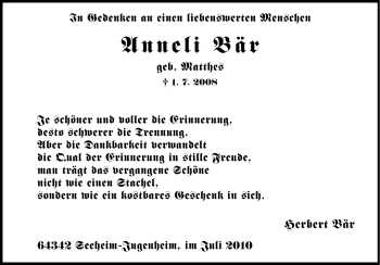 Traueranzeige von Anneli Bär von Darmstädter Echo, Odenwälder Echo, Rüsselsheimer Echo, Groß-Gerauer-Echo, Ried Echo
