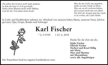Traueranzeige von Karl Fischer von Darmstädter Echo, Odenwälder Echo, Rüsselsheimer Echo, Groß-Gerauer-Echo, Ried Echo