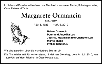 Traueranzeige von Margarete Ormancin von Darmstädter Echo, Odenwälder Echo, Rüsselsheimer Echo, Groß-Gerauer-Echo, Ried Echo
