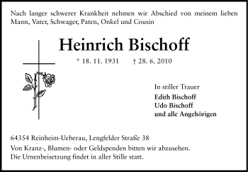 Traueranzeige von Heinrich Bischoff von Darmstädter Echo, Odenwälder Echo, Rüsselsheimer Echo, Groß-Gerauer-Echo, Ried Echo