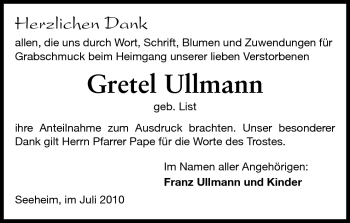 Traueranzeige von Gretel Ullmann von Darmstädter Echo, Odenwälder Echo, Rüsselsheimer Echo, Groß-Gerauer-Echo, Ried Echo