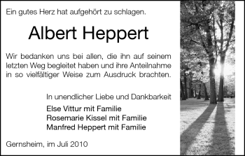 Traueranzeige von Albert Heppert von Rüsselsheimer Echo, Groß-Gerauer-Echo, Ried Echo