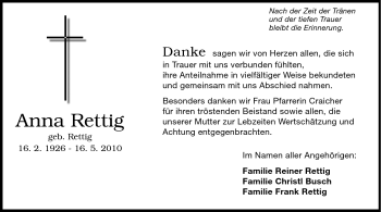 Traueranzeige von Anna Rettig von Echo-Zeitungen (Gesamtausgabe)