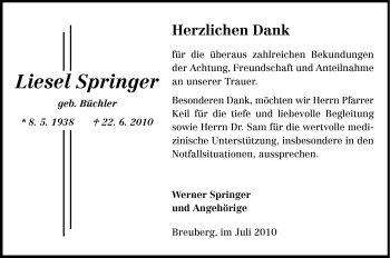 Traueranzeige von Liesel Springer von Odenwälder Echo