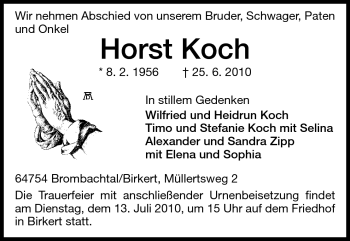 Traueranzeige von Horst Koch von Odenwälder Echo