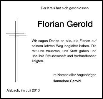 Traueranzeige von Florian Gerold von Echo-Zeitungen (Gesamtausgabe)