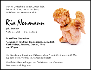 Traueranzeige von Ria Neumann von Starkenburger Echo, Bergsträßer Anzeiger