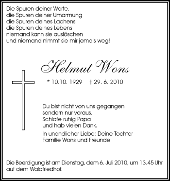 Traueranzeige von Helmu Wons von Echo-Zeitungen (Gesamtausgabe)