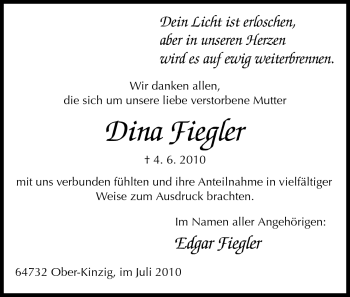 Traueranzeige von Dina Fiegler von Odenwälder Echo