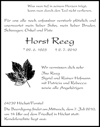 Traueranzeige von Horst Reeg von Odenwälder Echo