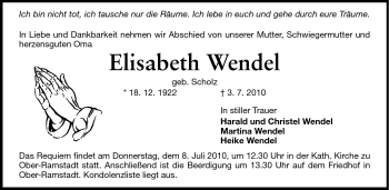 Traueranzeige von Elisabeth Wendel von Darmstädter Echo, Odenwälder Echo, Rüsselsheimer Echo, Groß-Gerauer-Echo, Ried Echo