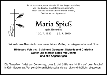 Traueranzeige von Maria Spies von Rüsselsheimer Echo, Groß-Gerauer-Echo, Ried Echo