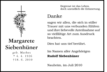 Traueranzeige von Siebenhüner Margarete von Rüsselsheimer Echo, Groß-Gerauer-Echo, Ried Echo