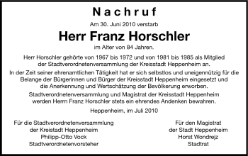 Traueranzeige von Franz Horschler von Starkenburger Echo
